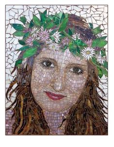 a mosaic portrait of a woman with flowers in her hair and green leaves on her head