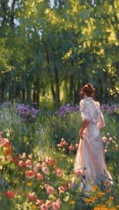 a painting of a woman in a field of flowers