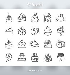 the thin line icons for cakes and desserts are displayed in this image, which is also