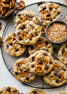 chocolate chip cookies and pretzels on a cooling rack