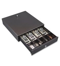 an open drawer with money in it on a white background