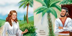 a painting of a man and woman standing next to each other in front of a palm tree