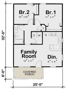 the floor plan for a two bedroom, one bath house with an attached garage and living area