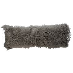 a long gray furry pillow on a white background with no one in the photo to describe it