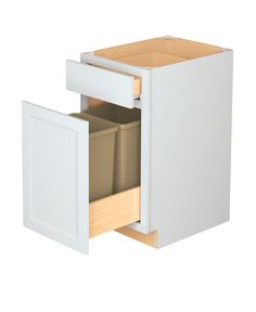 a white cabinet with two open drawers