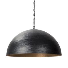 a black and gold pendant light with chain hanging from it's center, on an isolated white background