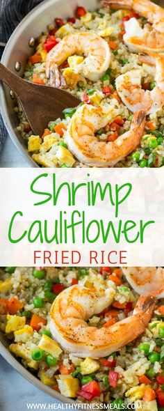 shrimp cauliflower fried rice in a skillet