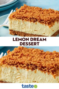 two pictures of lemon dream dessert on a plate