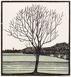 a drawing of a tree with no leaves in the foreground and a body of water in the background