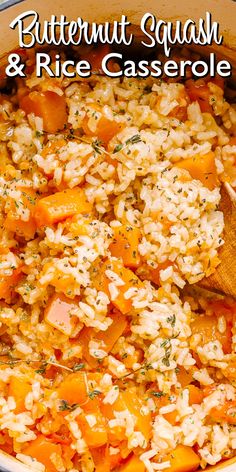 butternut squash and rice casserole in a bowl with a wooden spoon