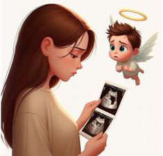 a woman is looking at an x - ray image while holding a small angel above her head