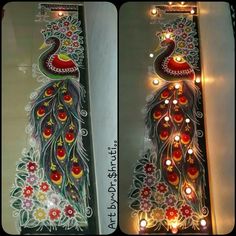 this is an image of a peacock made out of glass with candles on the side