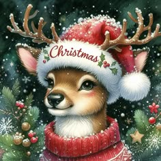 a painting of a deer wearing a santa hat and scarf with christmas decorations on it