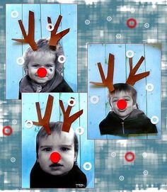 four pictures of a boy with reindeer antlers on his head and nose, all in different frames