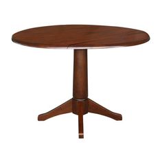 a round wooden table with four leaves on the top and three legs, all in dark wood