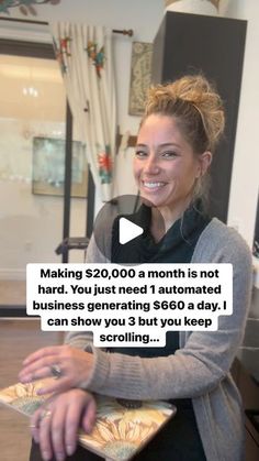 a woman holding a book and smiling at the camera with text reading making $ 20, 000 a month is not hard you just need i automated