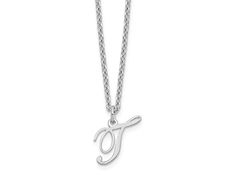 Rhodium over sterling silver polished finish letter "T" initial necklace with 18-inch long cable chain and lobster claw clasp. Pendant measures approximately 7/16"L x 3/8"W. T Letter Necklace, Letter T Necklace Initials, T Necklace Letter, T Initial Necklace, Tan Sterling Silver Initial Pendant Necklace, T Necklace, Letter Necklace Silver, Initial Necklace Silver, Letter T