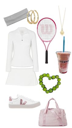 a woman's outfit with tennis racket, drink and shoes