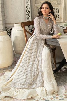 Latest Ivory Front Open Kameez Lehenga Dupatta Dress Floor-length Sharara With Dupatta For Ceremony, Semi-stitched Elegant Wedding Dress For Designer Wear, Hand Embellished Organza Gown For Ceremony, Elegant Semi-stitched Wedding Dress, Anarkali Hand Embellished Wedding Dress For Ceremony, Anarkali Hand Embellished Wedding Dress, Hand Embellished Anarkali Wedding Dress, Floor-length Wedding Dress For Eid, Floor-length Wedding Dress With Sheer Dupatta For Ceremony