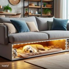 a dog laying on top of a bed under a couch