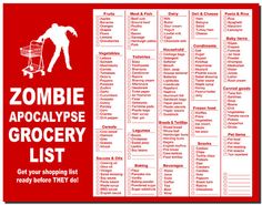 Zombie grocery list- THANK GOD they added sunblock, in a real emergency I might have forgotten & with my pale skin can we say "hello melanoma"? Being Zombie Plan, Apocalypse Prep, Zombie Survival Guide, Zombie Apocolypse, Doomsday Preppers, Zombie Attack, Emergency Prepping