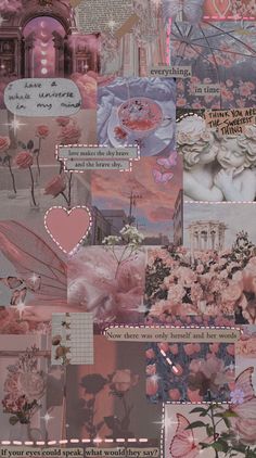 a collage of pink flowers and pictures with words written on the bottom right corner