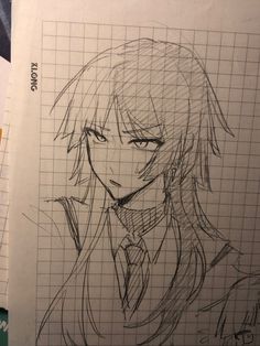 a drawing of an anime character with long hair and tie on top of a piece of paper