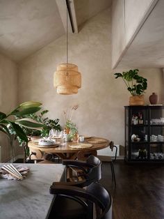 a dining room table and chairs in front of a plant hanging from the ceiling above it