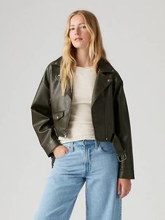 Elevate your style with our faux leather drop shoulder cropped moto jacket, featuring a removable belt for versatile styling options. Drop shoulder design for a relaxed and modern silhouette. Cropped length adds a contemporary edge to your look. Moto-inspired details including zippered cuffs and an asymmetrical front zipper closure. Removable belt for versatile styling options;cinch at the waist for a tailored fit or wear it loose for a laid-back vibe. Crafted from high-quality faux leather for a cruelty-free and sustainable alternative to traditional leather jackets. Trendy Levi's Outerwear For Fall, Trendy Levi's Outerwear With Zipper Closure, Levi's Trendy Biker Jacket For Spring, Modern Cropped Outerwear For Fall, Modern Cropped Fall Outerwear, Trendy Belted Leather Jacket For Spring, Spring Biker Style Belted Outerwear, Trendy Cropped Leather Jacket For Fall, Trendy Cropped Leather Jacket For Spring