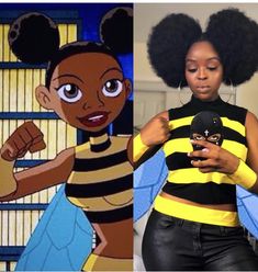 an image of a woman in bee costume and another photo of a cartoon character holding a cell phone