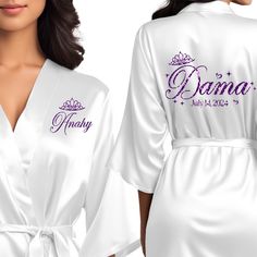 White quinceanera robes for damas. Beautiful satin white robes with purple glitter. Custom Robes, Personalized Robe, Quince Ideas, Quinceanera Party, Womens Robes, Toddler Sizes, Quince, Quinceanera, How To Feel Beautiful