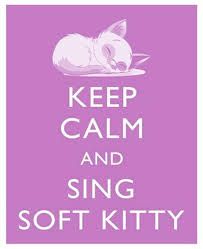 a pink poster with the words keep calm and sing soft kitty