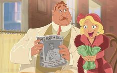 an animated man and woman sitting at a table with food in front of them, reading the paper