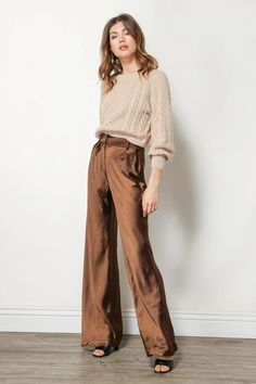 CAMDEN PANTS – Line & Dot Bohemian Business Attire, Dressy Slacks Outfits, Dress Pants Women Outfit, Brown Silk Pants Outfit, High Waisted Pants Outfit Dressy, Copper Pants Outfit, Brown Satin Pants Outfit, Business Casual Outfits Professional, School Psychologist Outfits