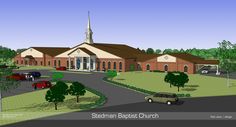 an artist's rendering of a church with cars parked in the driveway and trees around it