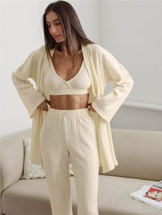 Introducing our latest addition, the Loose Striped Long Pants Pajama Robe Set, perfect for chilly autumn and winter nights. This three-piece ensemble includes a comfortable sleeveless top, long pants, and a cozy robe, all designed for ultimate relaxation. Crafted from high-quality knit fabric, this set offers both warmth and style for your lounging needs. Key Features: Comfortable Design: Experience unmatched comfort with the loose fit and soft knit fabric of this pajama set, ensuring a cozy and relaxed feel all night long. Versatile Style: Whether you're lounging at home or enjoying a leisurely morning, this set provides effortless style with its classic striped design. Complete Set: This set includes a sleeveless top, long pants, and a matching robe, offering versatility and convenience Summer Seamless Intimates For Loungewear, Casual Lounging Intimates, Cheap Solid Color Loungewear Intimates, Home Lounge Outfit, Linen Nightgown, Cotton Pajama Shorts, Matching Robes, Pyjamas Womens, Silk Nightgown