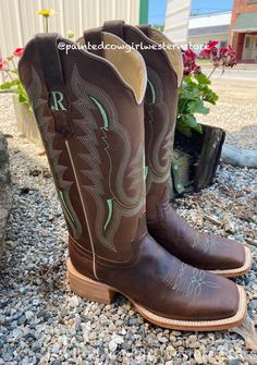 R. Watson Women's Arizona Tan Calf Leather Square Toe Cowgirl Boots RW | Painted Cowgirl Western Store Green Western Boots For Rodeo, Western Green Snip Toe Boots, Green Snip Toe Ranch Boots, Fitted Green Snip Toe Boots, Charreada Outfits, Women Cowboy Boots, Square Toe Cowgirl Boots, Tall Cowgirl Boots, Dress And Cowboy Boots