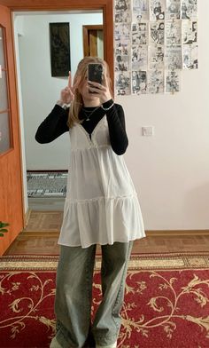 outfit with dress and jeans, sawako Sawako Style Outfit, Sawako Core Outfit, Sawako Outfits Inspired, Sawako Inspired Outfits, Modest Outfits Jeans, Dress With Jeans Outfit, Sawako Fashion