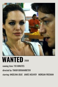 a man and woman staring at each other in front of a poster with the words wanted