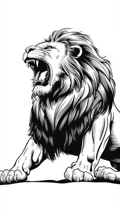 a black and white drawing of a lion roaring with its mouth wide open to the side