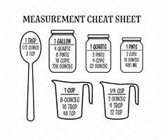 the measurement chart for mason jars and measuring spoons with measurements on each side, including 1