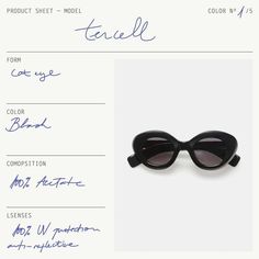 a pair of black sunglasses sitting on top of a white table next to a price sheet