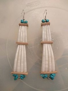 two pairs of white and turquoise beaded earrings