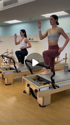 two women are doing pivots on the treadmill while another woman is watching