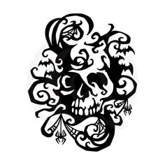 a black and white drawing of a skull with swirls on it's head