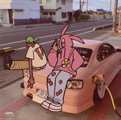 a pink car parked on the side of a road with cartoon characters painted on it