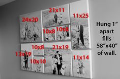 four black and white pictures hanging on the wall with measurements for each one in front of them