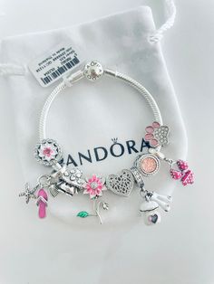 Preppy Pandora Bracelet, Pandora Pink Charms, Themed Pandora Bracelet, Pandora Aesthetic, Bangles Collection