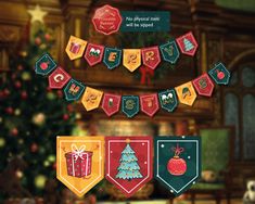 a christmas banner with presents and gifts hanging from it's sides in front of a fireplace