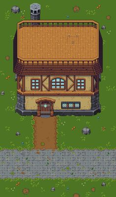 an old style house in the middle of a green field with rocks and grass around it